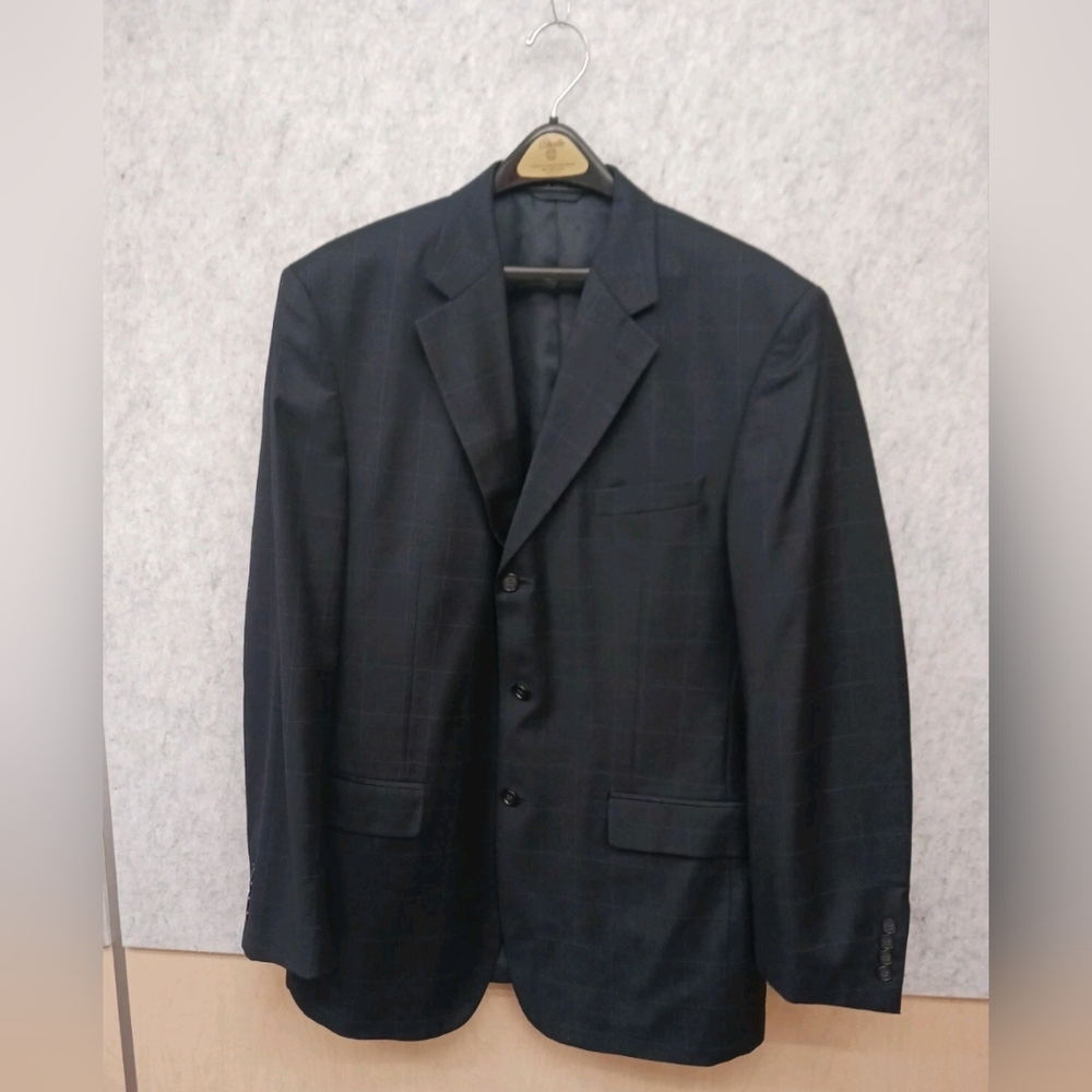 Bill Blass Vintage Dark Navy Windowpane Wool 2 Button Suit Jacket Blazer Sz 44R